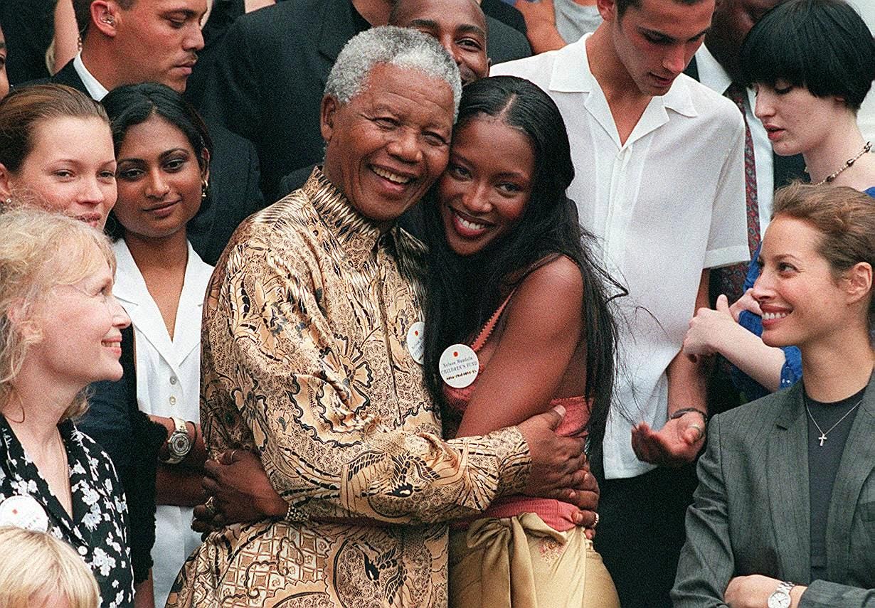 Nelson Mandela, Naomi Campbell, Mia Farrow, Kate Moss, and Christy Turlington in South Africa in the&hellip;