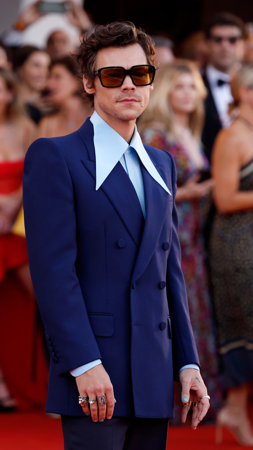 Harry Styles wore pieces from his HA HA HA Gucci collection at the 79th Venice International Film Fe...