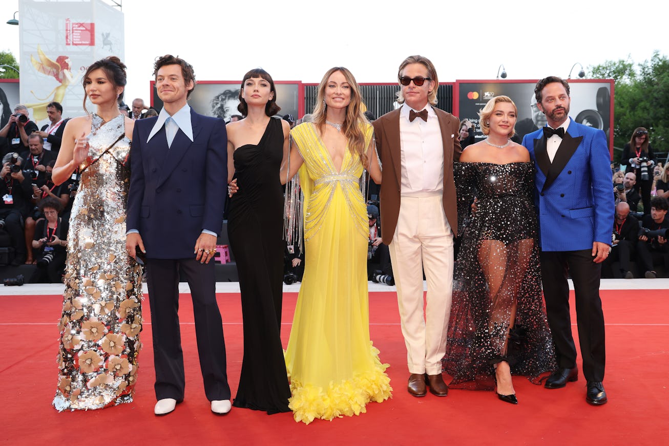 VENICE, ITALY - SEPTEMBER 05: (L-R) Gemma Chan, Harry Styles, Sydney Chandler, director Olivia Wilde...