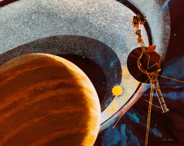 An artist's impression of NASA's Voyager 1 space probe passing behind the rings of Saturn, using cam...