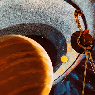 An artist's impression of NASA's Voyager 1 space probe passing behind the rings of Saturn, using cam...