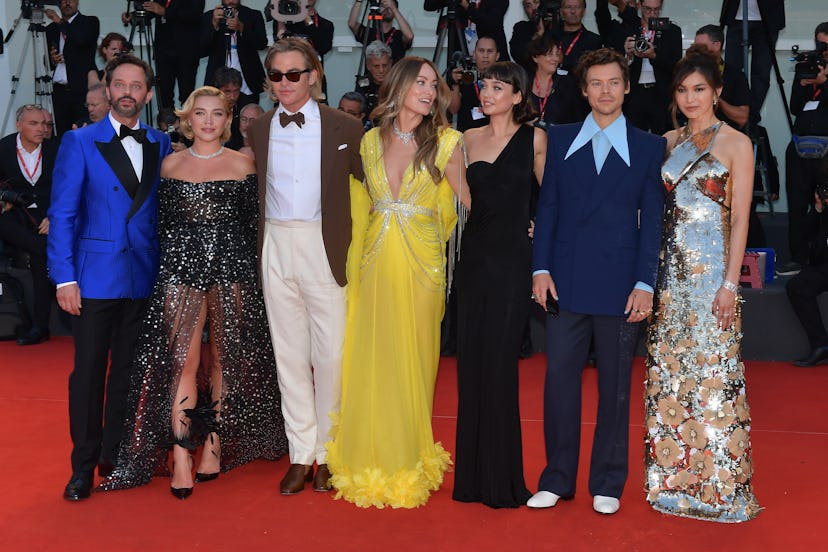 ( R to L) Gemma Chan, Harry Styles, Sydney Chandler, Olivia Wilde, Chris Pine, Florence Pugh and Nic...