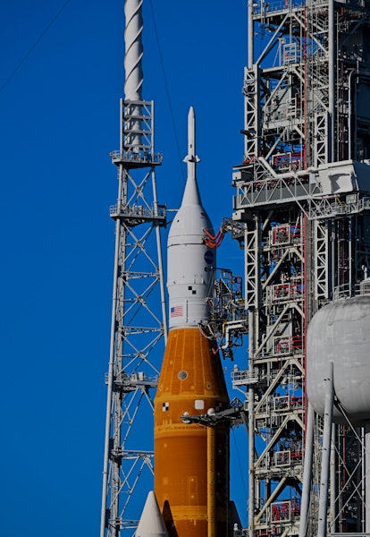 The Artemis I unmanned lunar rocket sits on its launch pad 39B at NASA's Kennedy Space Center in Cap...