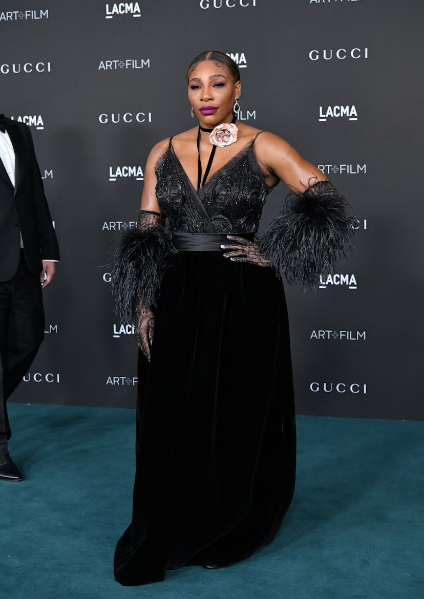Serena Williams wears a black gown to the LACMA Art+Film Gala presented by Gucci in 2021.
