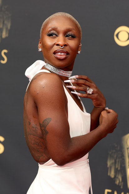 Cynthia Erivo wears shiny lip gloss and  lip liner to the 73rd Primetime Emmy Awards in 2021.