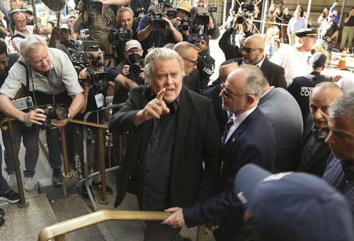 NEW YORK, NEW YORK - SEPTEMBER 08: Steve Bannon (C), Former U.S. President Donald Trump's top strate...