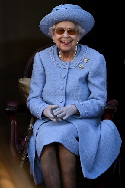 Queen Elizabeth II attends the Royal Company of Archers Reddendo Parade in the gardens of the Palace...