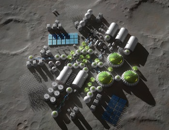 A colony on Moon with all important buildings, solar power generators and rockets landing pads.