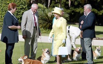 Queen Elizabeth II (C) meets members of the Adelaide Hills Kennel Club and their corgis at Governmen...