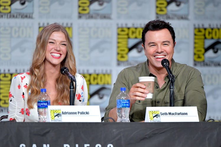 SAN DIEGO, CALIFORNIA - JULY 20: Adrianne Palicki and Seth MacFarlane speak at "The Orville" Panel d...