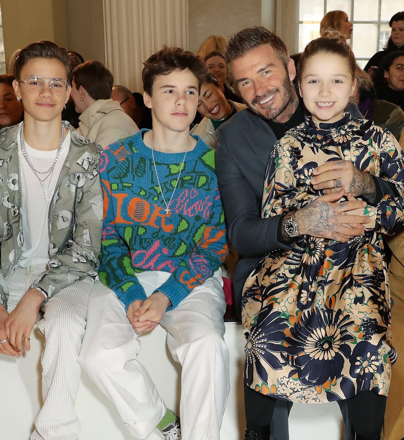 Romeo Beckham, Cruz Beckham, David Beckham, Harper Beckham, and Anna Wintour attend London Fashion W...