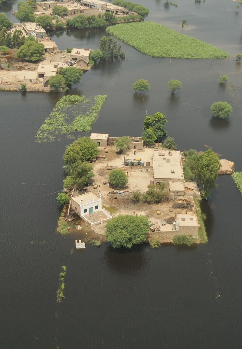 RAJANPUR, PAKISTAN - AUGUST 7 :  An aerial view of the submerged roads are seen in Rajanpur, Pakista...