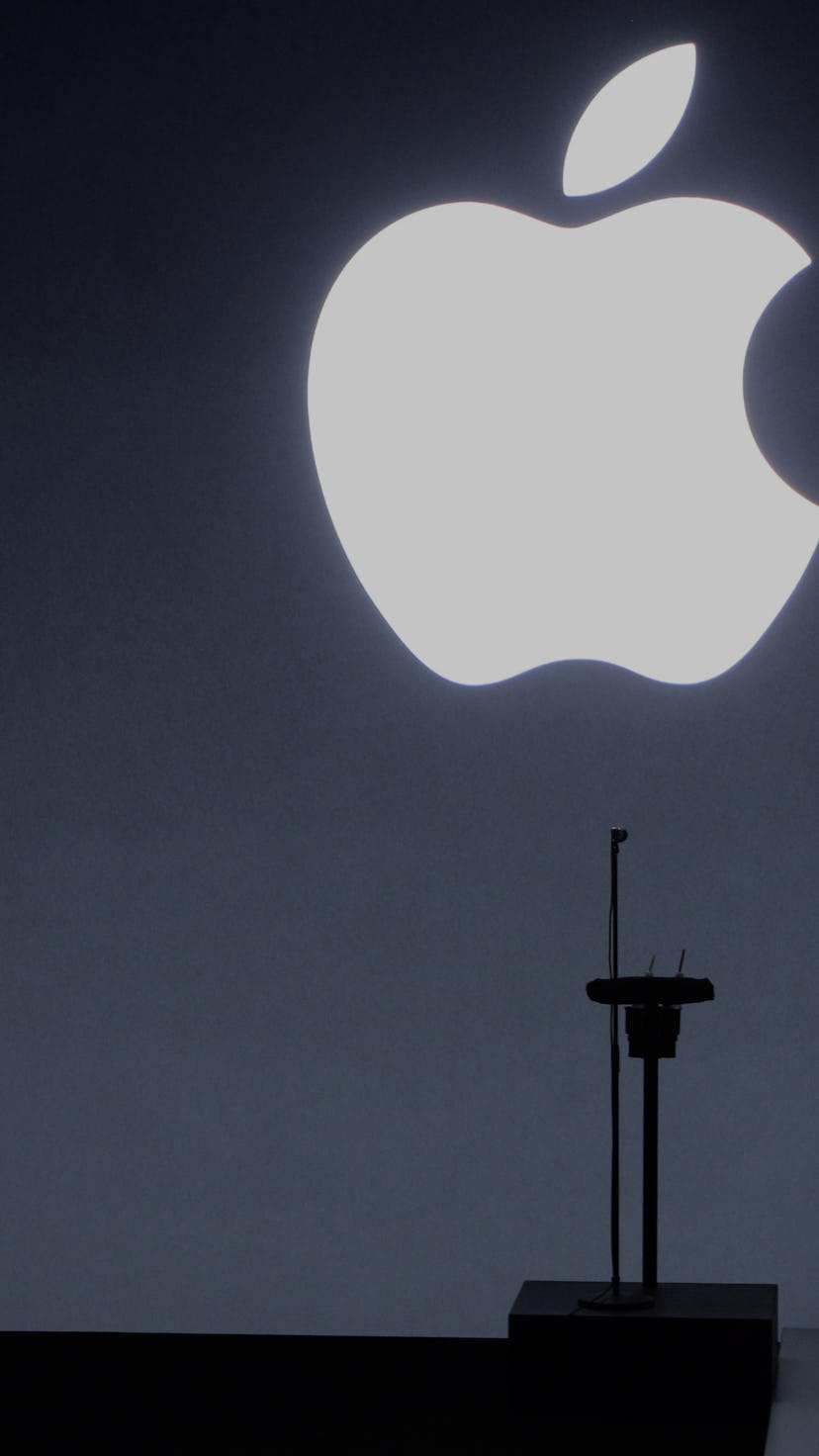 Apple CEO Tim Cook, singer Sia, and dancer Maddie Ziegler leave the stage following an Apple Event t...