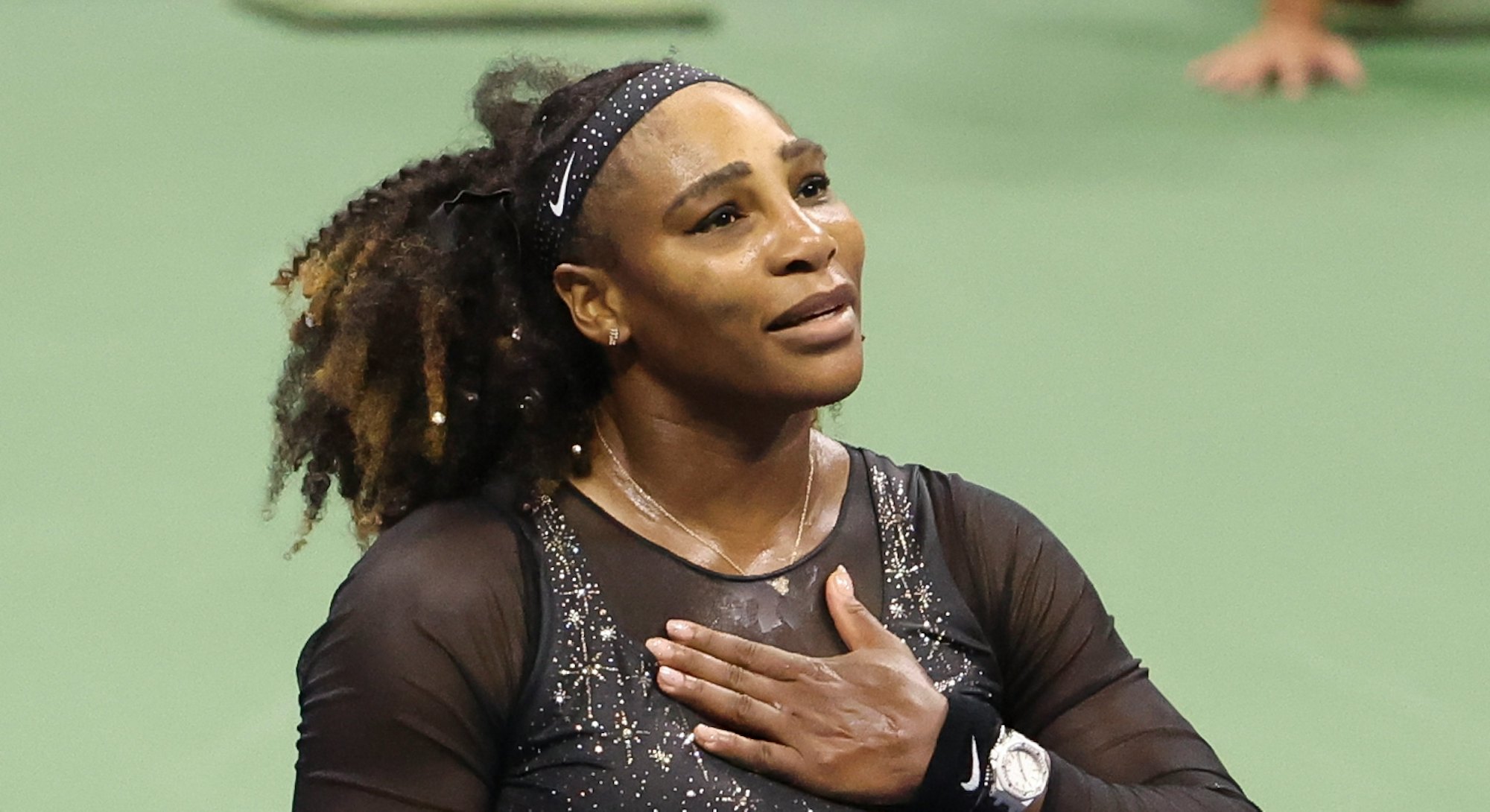 Serena Williams of USA salutes the fans after her last career match during day 5 of the US Open 2022
