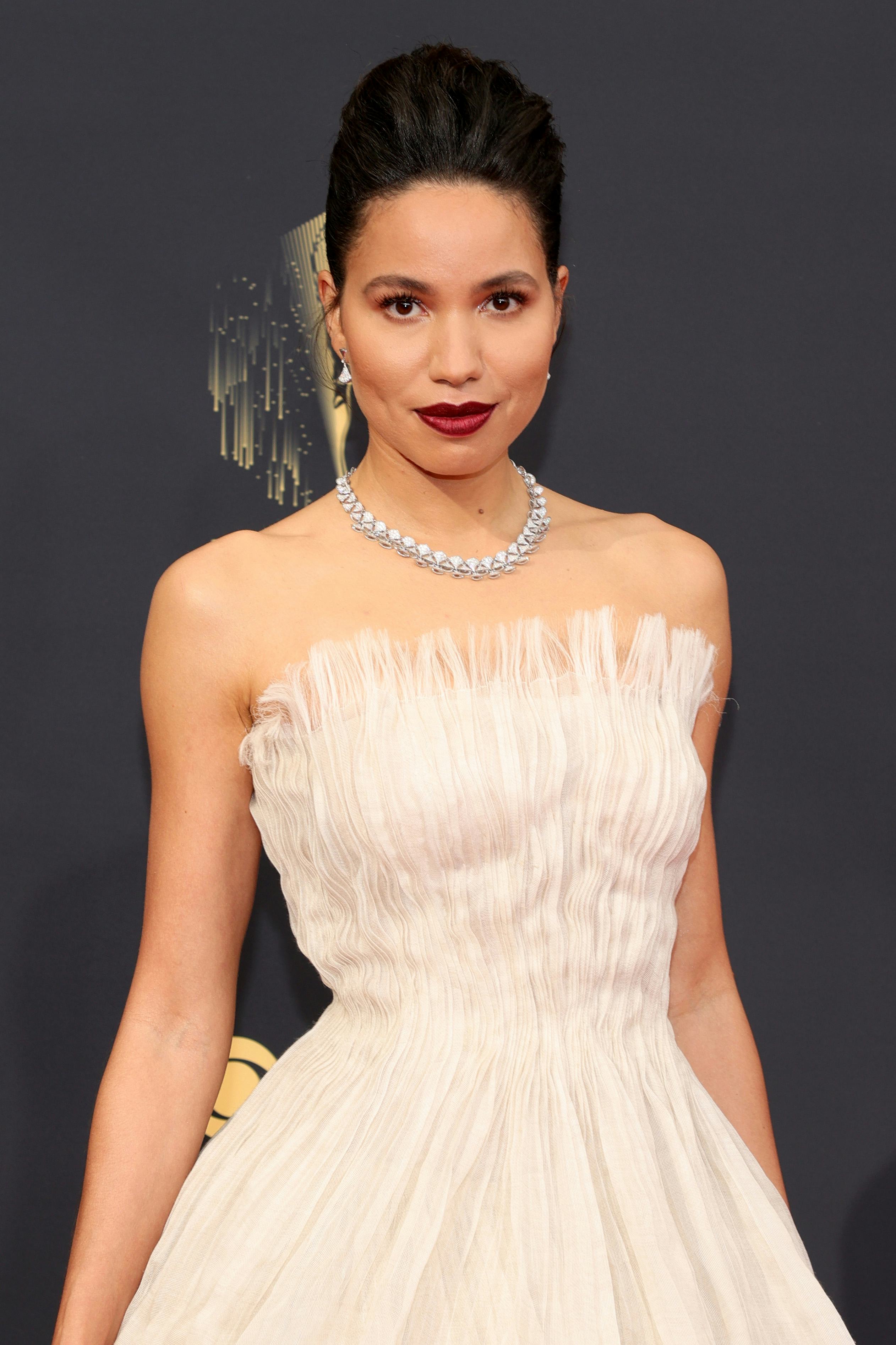 Jurnee Smollett wearing dark lipstick to the 73rd Primetime Emmy Awards in 2021.
