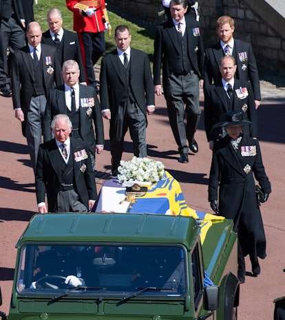 WINDSOR, ENGLAND - APRIL 17: The Duke of Edinburgh’s coffin, covered with His Royal Highness’s Perso...