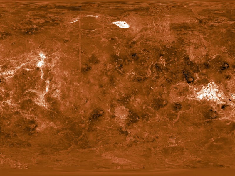 Map of Venus constructed by overlaying three Magellan mosaics. (Photo by: Photo12/Universal Images G...