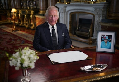 TOPSHOT - Britain's King Charles III makes a televised address to the Nation and the Commonwealth fr...