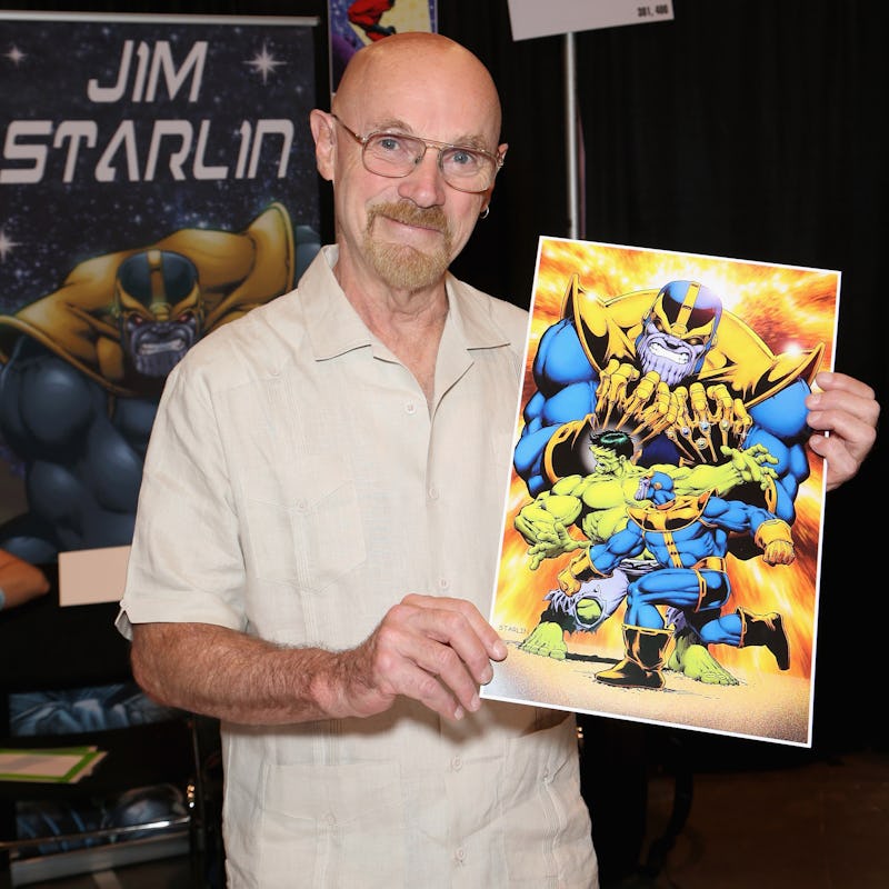LAS VEGAS, NV - JULY 01: Artist/writer Jim Starlin holds up his artwork of the character Thanos fr...