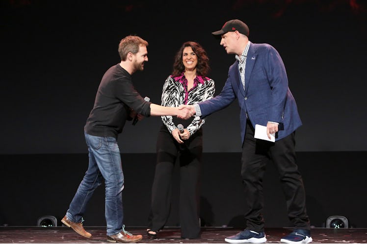 ANAHEIM, CALIFORNIA - AUGUST 23: (L-R) Director Matt Shakman and Head writer Jac Schaeffer of 'Wanda...