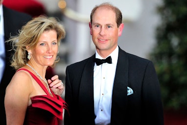 Britain's Prince Edward and Sophie Wessex arrive at the Mandarin Oriental hotel for a gala dinner ho...