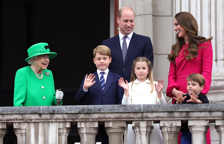 LONDON, ENGLAND - JUNE 05: (L-R) Queen Elizabeth II, Prince George of Cambridge, Prince William, Duk...