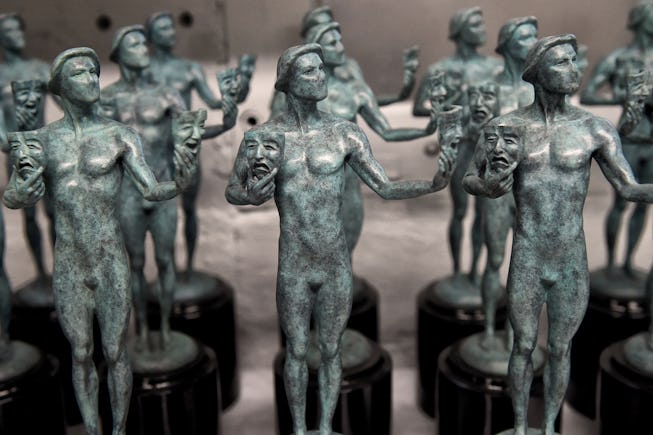 Burbank, CA - January 17:Finished statues on display during the SAG Awards statue pouring media even...