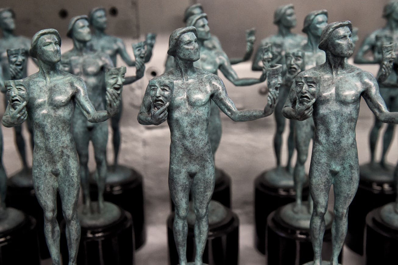 Burbank, CA - January 17:Finished statues on display during the SAG Awards statue pouring media even...