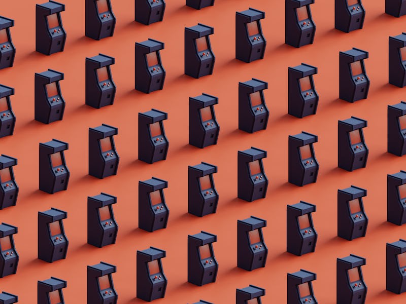 Digitally generated image of a blue arcade machine pattern is on an orange background.