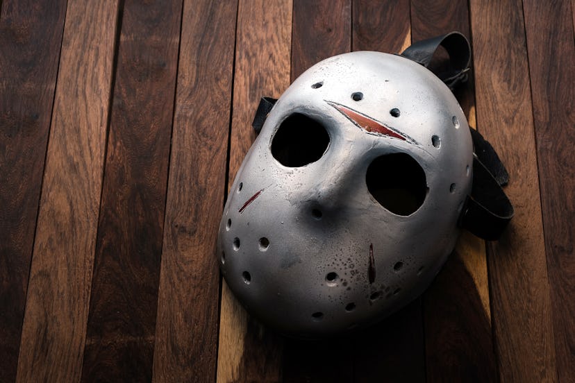 A scary looking hockey mask like the one worn in the movie 'Friday the 13th.'