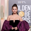 Selena Gomez wearing a purple Valentino gown at the 2023 Golden Globes.