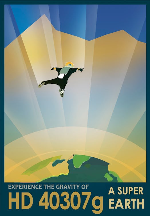 A retro-style poster depicts a person falling toward the yellow and green surface of a planet below.