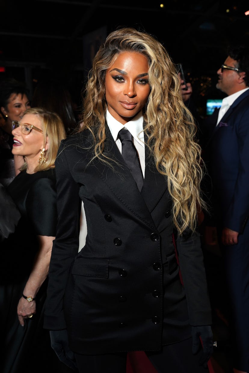 Ciara with sun-kisssed gold hair at the 2022 Baby2Baby Gala. The blonde hair color is trending for s…