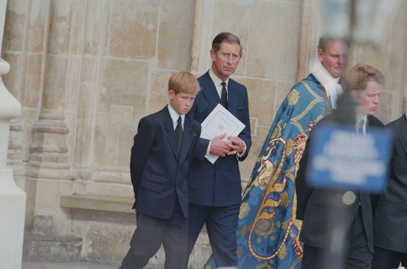 Prince Charles and Prince Harry at Westminster Abbey for the funeral service for Diana, Princess of ...