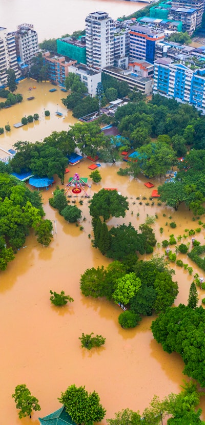 SHAOGUAN, CHINA - JUNE 21: Aerial view of a flood-hit area after torrential rains on June 21, 2022 i...