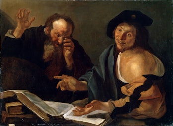 'Heraclitus and Democritus', early 17th century. Heraclitus (535-475 BC) and Democritus (460-370 BC)...