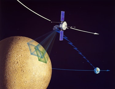 1974:  A simulation of the Mariner 10 spacecraft, the first craft to explore Mercury, photographing ...