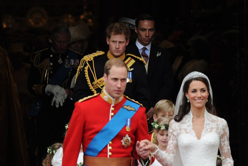 Britain’s Prince Harry (Background C) leaves Westminster Abbey in London, after the wedding ceremony…