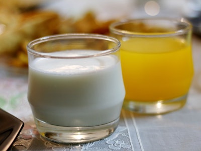 Glasses of milk and orange juice on table.