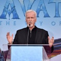 HOLLYWOOD, CALIFORNIA - JANUARY 12: James Cameron speaks onstage at the handprints and footprints ce...