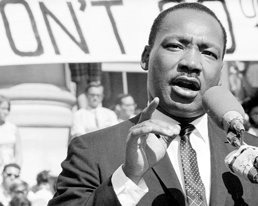 Civil rights leader Reverend Martin Luther King, Jr. delivers a speech to a crowd of approximately 7...