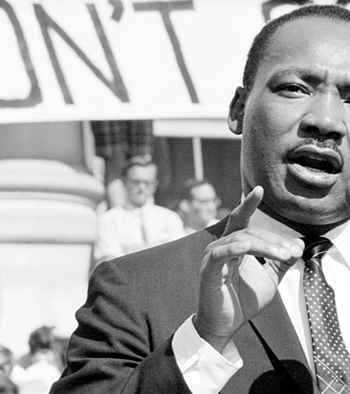 Civil rights leader Reverend Martin Luther King, Jr. delivers a speech to a crowd of approximately 7...