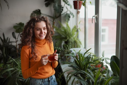 Home greenhouse. Green office and recreation area.Young woman in mustard-colored turtleneck relaxes ...