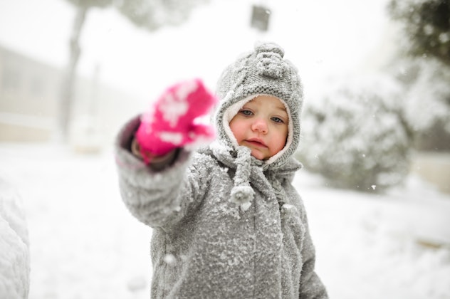 portrait of a toddler girl in a snowy winter day.