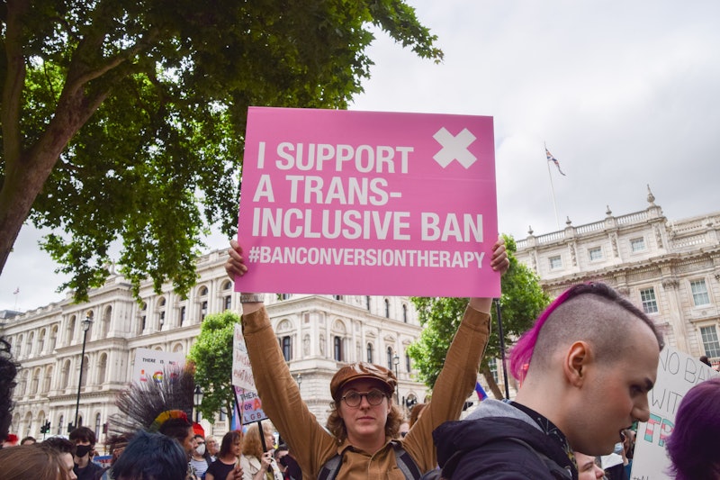 LONDON, UNITED KINGDOM - 2022/06/29: A protester holds a placard in support of a trans-inclusive con...