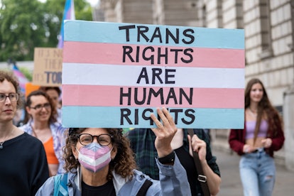 Hundreds of trans rights activists gathered in Westminster for a protest rally under the name 'Not s...
