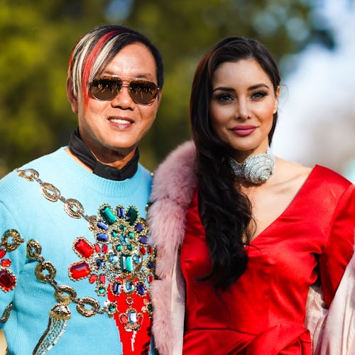 PARIS, FRANCE - JANUARY 22: (L-R) Stephen Hung wears aviator mirro sunglasses, a black scarf, a blue…