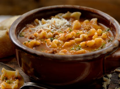 A bowl of lasagna soup like the TikTok soup recipe that SZA requested how to make. 