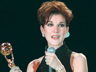 Canadian singer Celine Dion thanks the audience late 03 May after receiving an award at the World Mu...