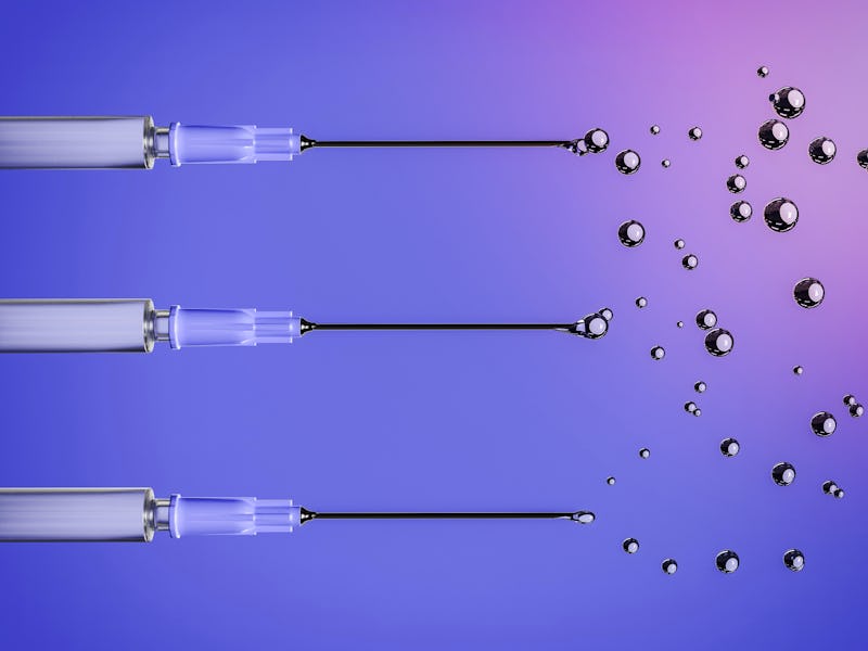 close up of three syringes dropping drops. concept of vaccination, third dose, medicine and health. ...